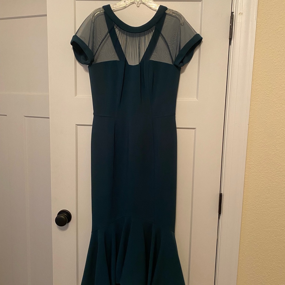 Maggy London Hunter Green Midi Dress with Mesh Accents